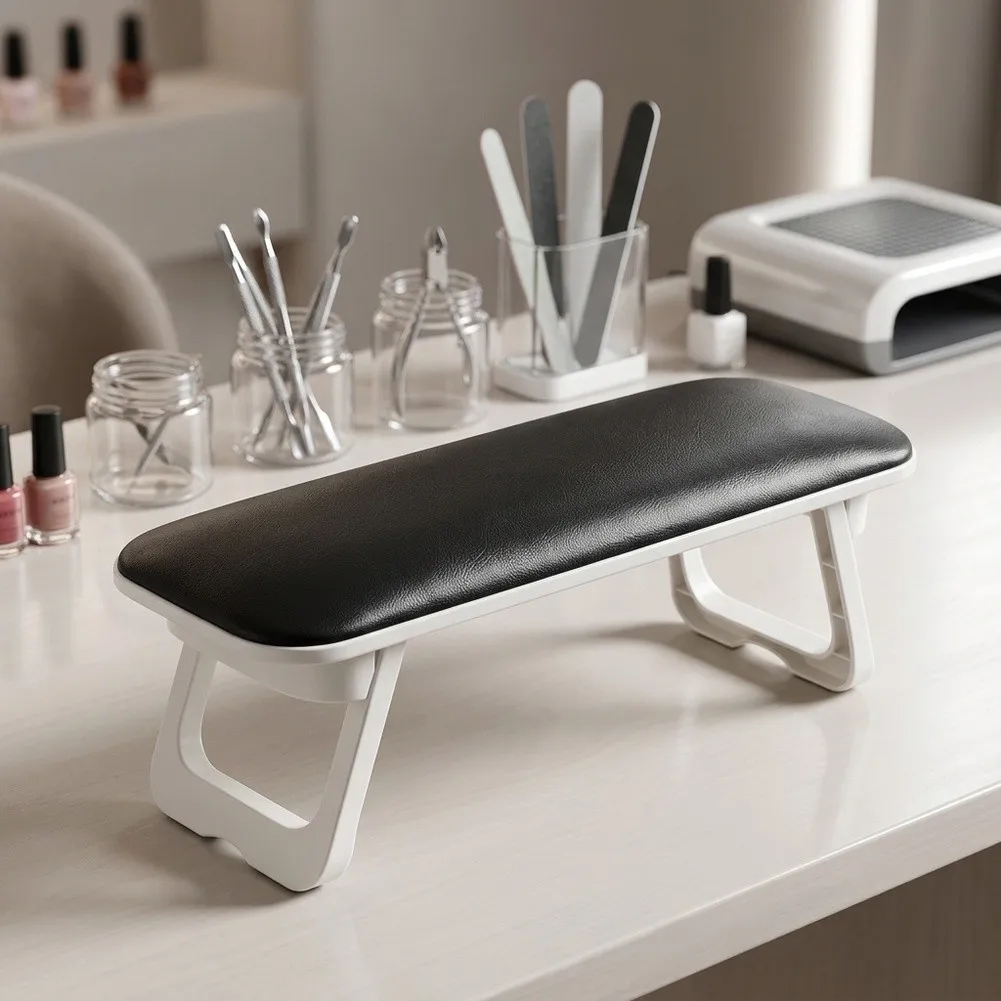 Foldable PU Leather Nail Arm Rest with Bonus Mat for Manicure Salon - Adjustable Height Hand Rest for Nail Techs