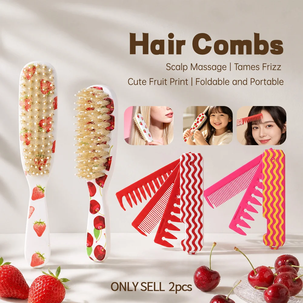 Portable Travel Hair Comb Set, Printed Massage Hair Smoothing Comb + 2/3-Sided Folding Sectioning Comb, Women's Hair Styling and Grooming 2-Piece Set