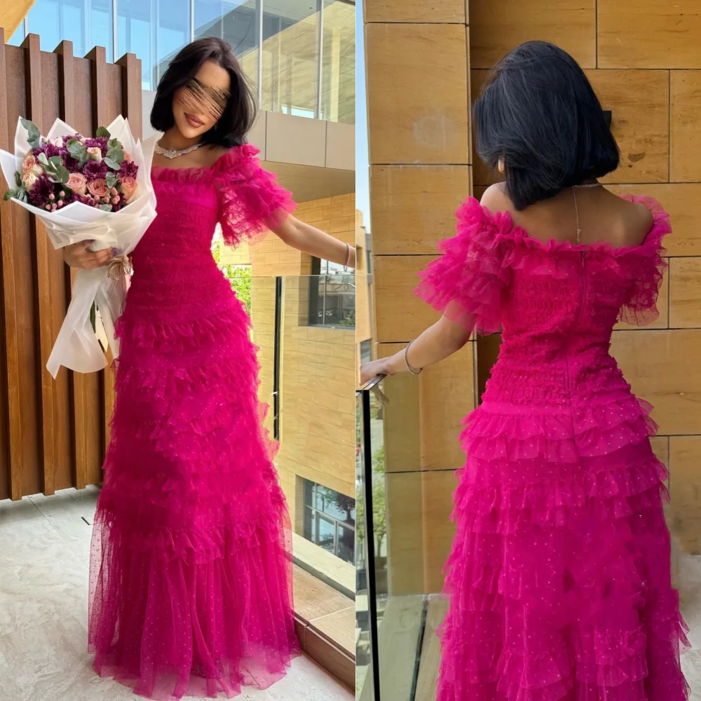 Retro Tulle Tiered Ruched A-line Off-the-shoulder Midi Dresses Celebrity Dresses Fashion Elegant Exquisite High Quality Sexy