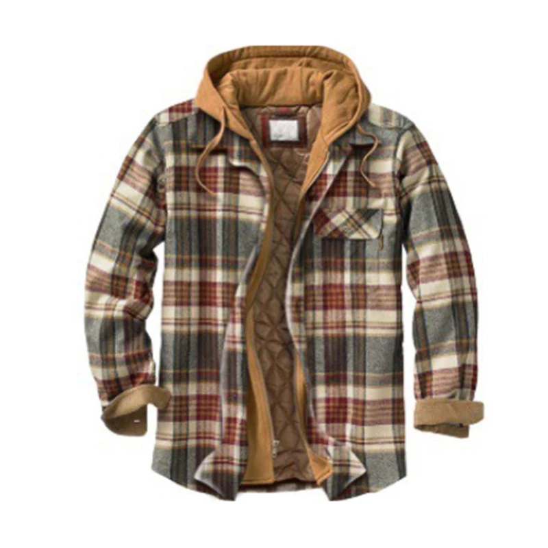 Mens Warm Quilted Lined Cotton Jackets With Hood Button Down Zipper Long Sleeve Plaid Jackets