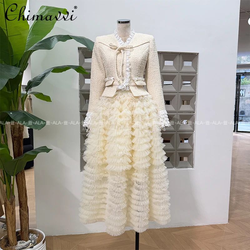 

French Elegant Socialite Lace Patchwork V-neck Slim Short Jackets Top Elastic High Waist Mesh Cake Long Skirts for Women Autumn