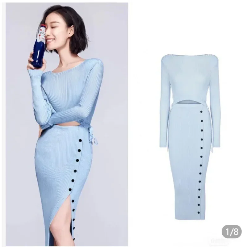 Long Sleeve Knitted Dress Wang Ou Xu Lu Celebrity Slim Fit Split Ice Silk Tea Break Dress Elegant Evening Gown Maxi Dress