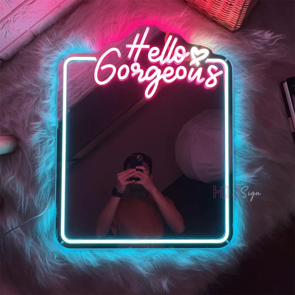 Mirror Neon Sign Custom Neon LED Sign Hello Gorgeous Neon Light Up Sign Bedroom Room Decoration Wedding Neon Led Lights Wall Art