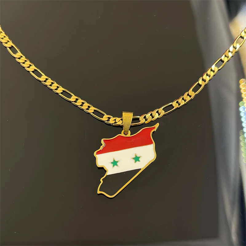 Syrian map flag pendant necklace gold Cuban chain stainless steel men and women drip oil patriotic commemorative accessories