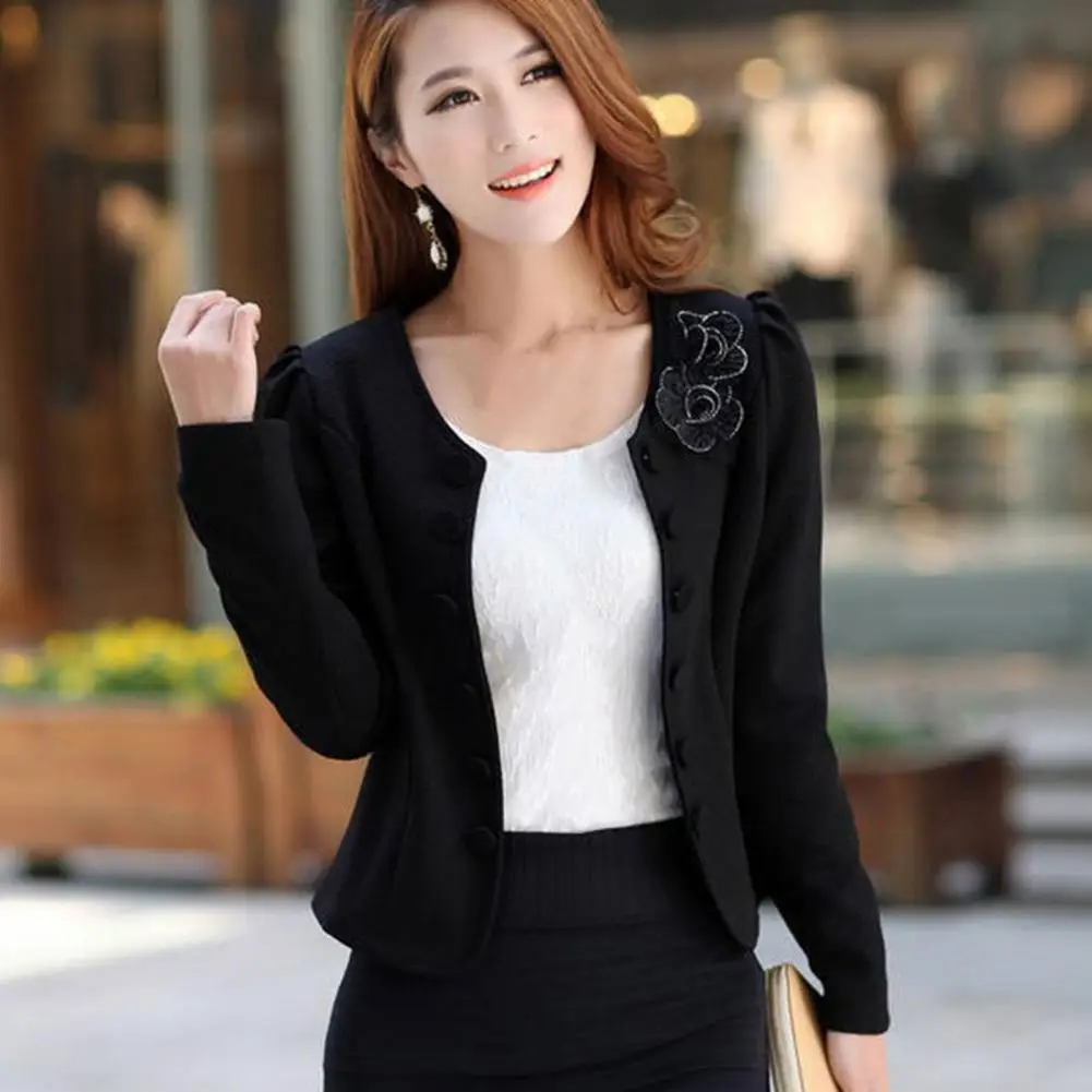 Women Blazer Button Long Sleeves Flower Collarless Pleated Slim Fit Lady Blazer Keep Warm Casual Slim Fit Formal Autumn Coat