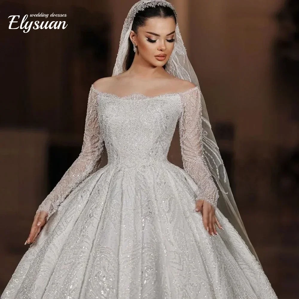 Op maat gemaakte sprankelende luxe trouwjurken met kralen, trein, strapless bruidsbaljurken met lange mouwen