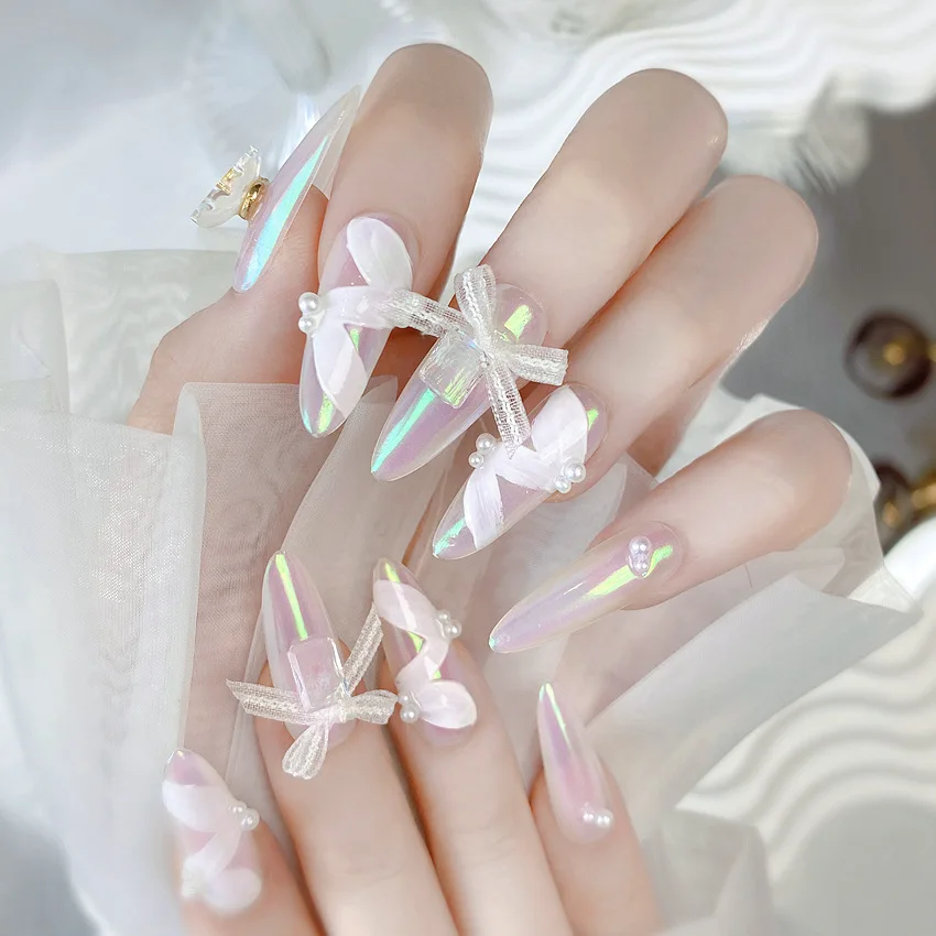 Purely hand-painted bow white moonlight False nails 10PCS