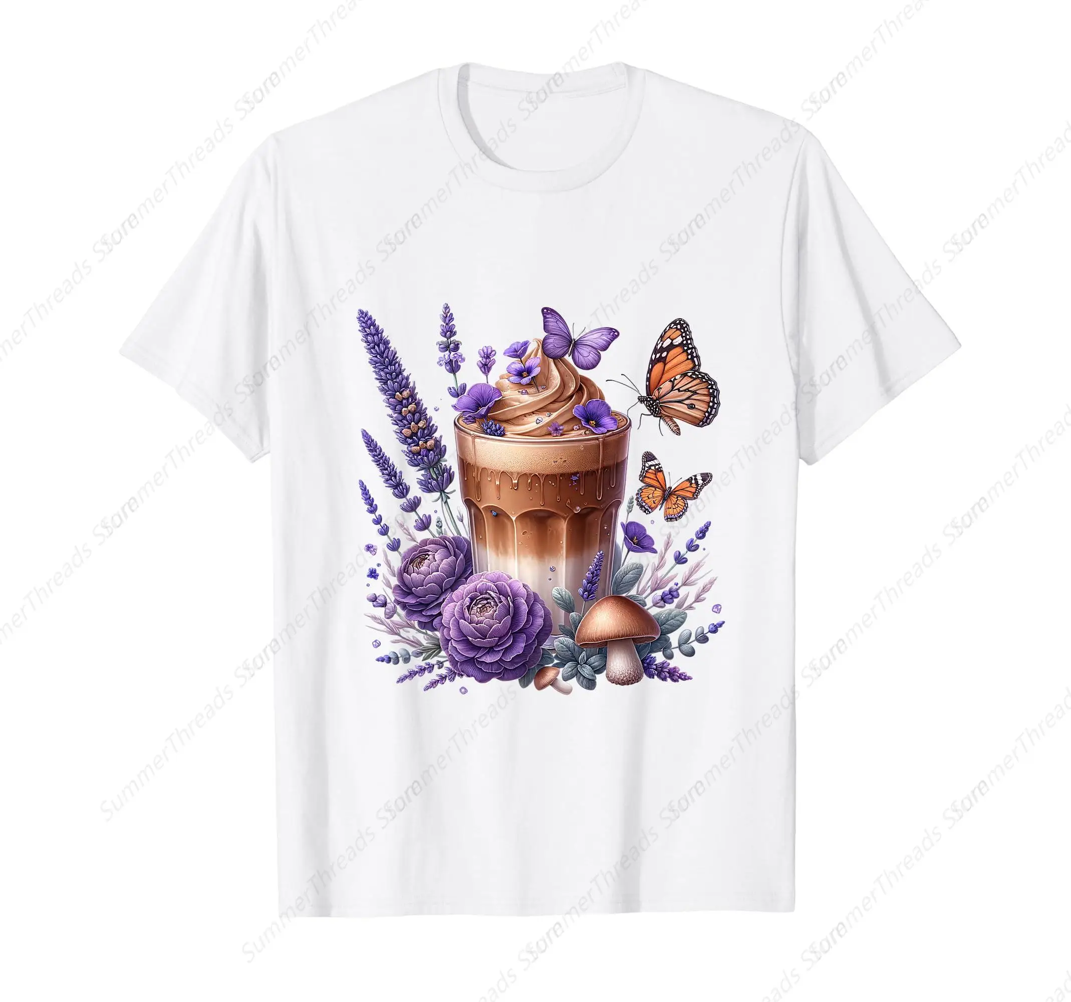 Floral Coffee Cup Iced Latte Summer Flowers Lavender Coffee T-Shirt