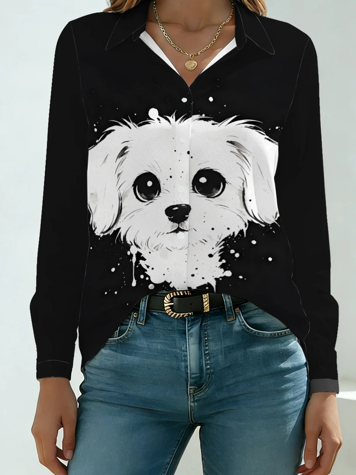 Cool Minimal Puppy Womens Collared Shirt Black Base Ink Splash White Maltese Allover Print Long Sleeve Travel Street Dating Blou