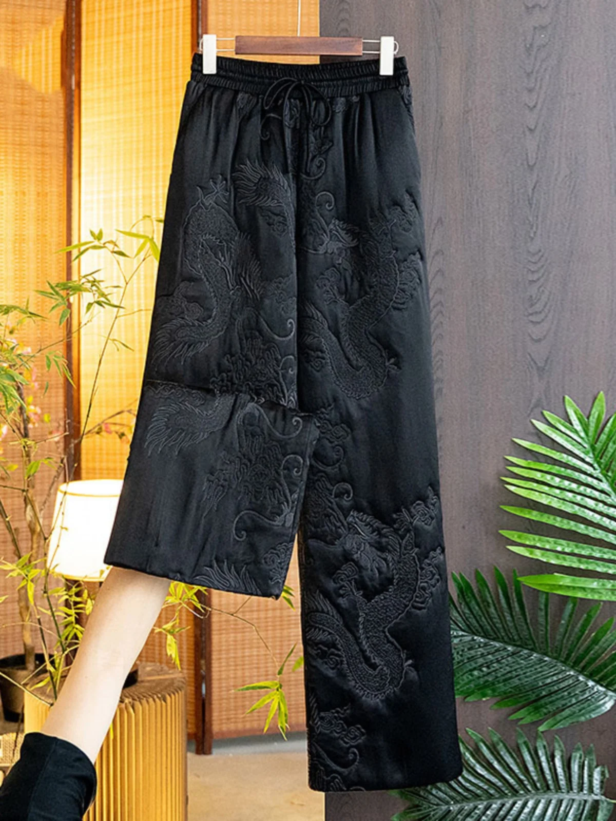 Thiened pantalones de algodón de pierna recta de cintura alta para mujer Otoño Invierno Faion chino Sle Vintage pantalones de pierna ancha bordados