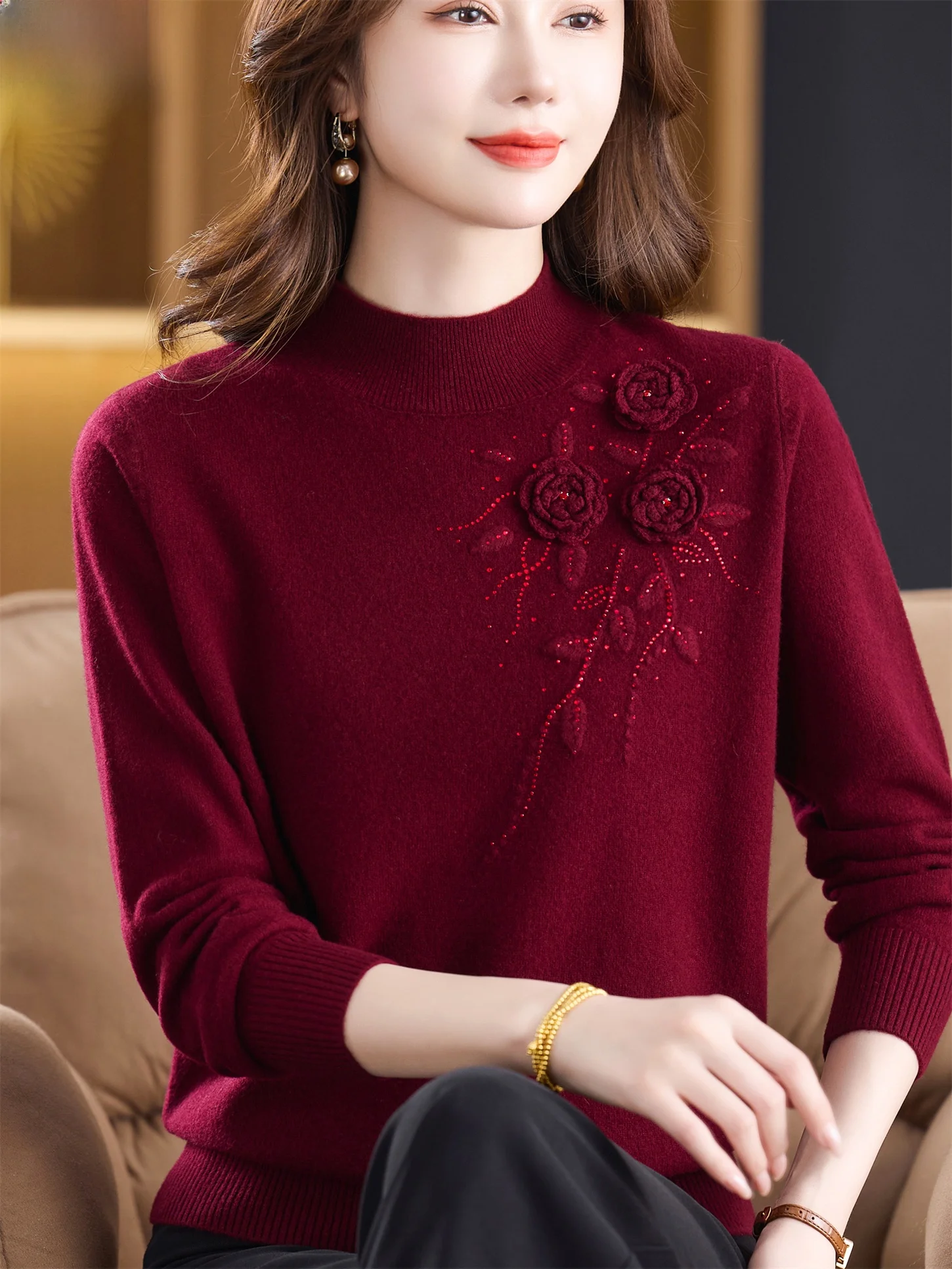 

Ladies plus Size Pure Wool Sweater Mom Sle f High Collar Autumn Winter Faionable Base Layer Top Casual Loose Fit