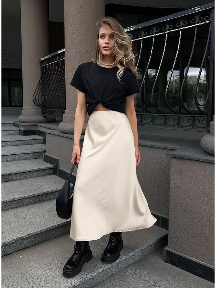 กระโปรงผ้าซาตินเนื้อนุ่มสำหรับผู้หญิง สีพื้น เอวสูง ทรงเอ พลีท ความยาวปานกลาง สไตล์ฝรั่งเศส เหมาะสำหรับใส่ทำงาน
