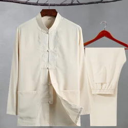Conjunto Hanfu chino tradicional para hombre, camisa y pantalones de algodón y lino, traje Tang para hombre, ropa bordada de talla grande con dragón Tai Chi