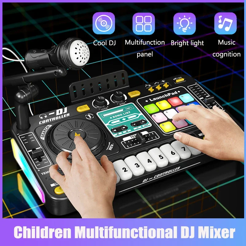 Multifunctional DJ Turntable with Microphone Simulation DJ Mixer Bluetooth Electric DJ Music Player Entertainment Gift for Kids