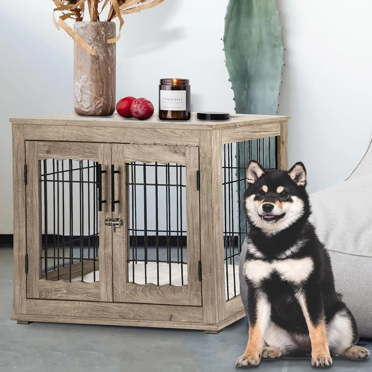 

Dog Crate Furniture with Bed, Wooden Dog Kennel Furniture End Table Crate with 3 Doors, Indoor Solid Wood Cage