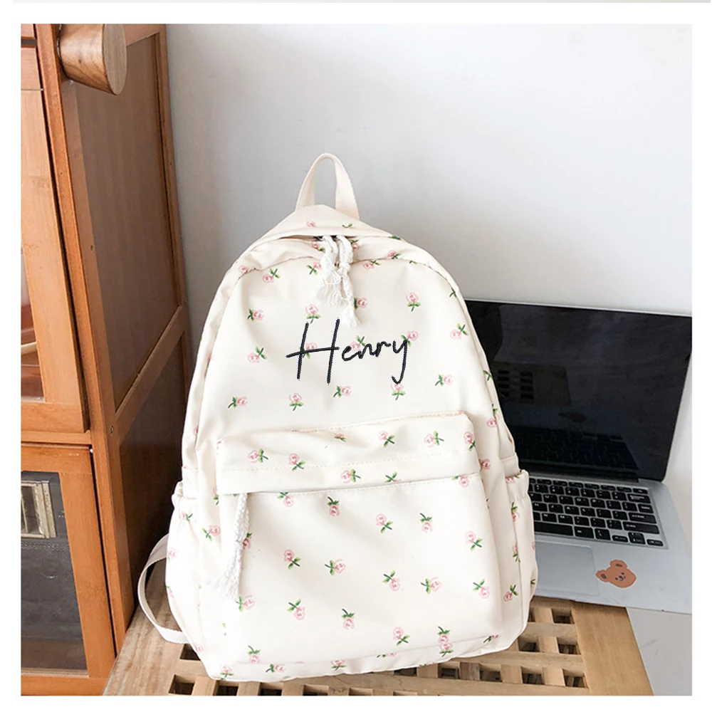 Girls Embroidered Fresh Korean Version Casual Backpack with Name Minimalist Gift Bag for Primary and Secondary School Students