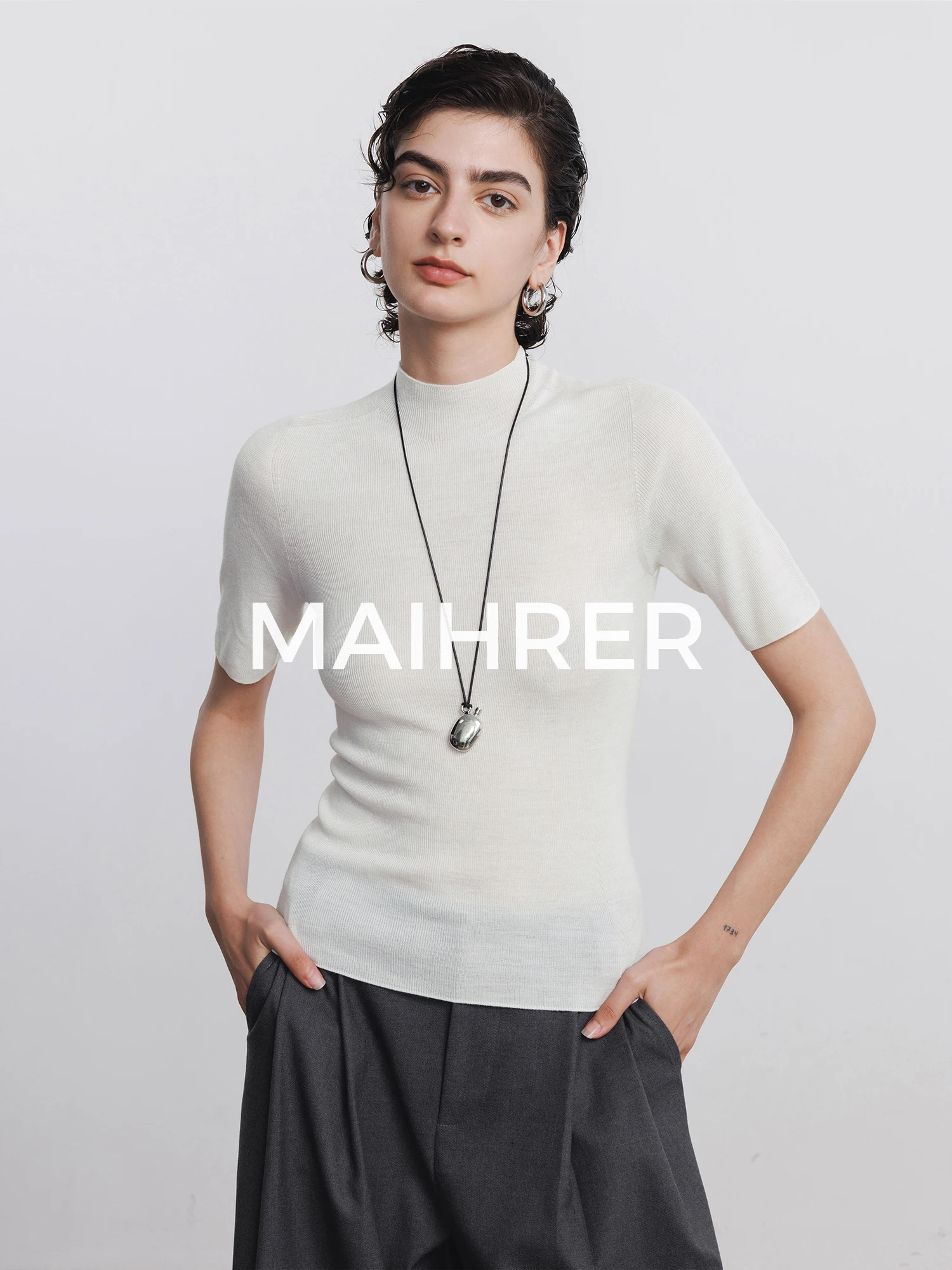 

Maiherer Pure Wool Slim Fit mid Sve Base irt f High Collar White Women's oulder Length Inner Wear Casual Sle