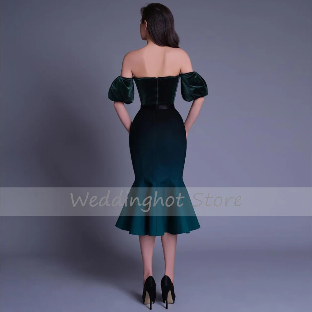 Mermaid Cocktail Dresses for Women Green Velvet Off the Shoulder Short Evening Party Dress Midi Short Puff Sleeves Cocktail Gown