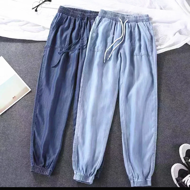 여성 여름 봄 붕대 포켓 실크 프릴 빈티지 플러스 사이즈 캐주얼 파티 패션 루즈 포켓 바지