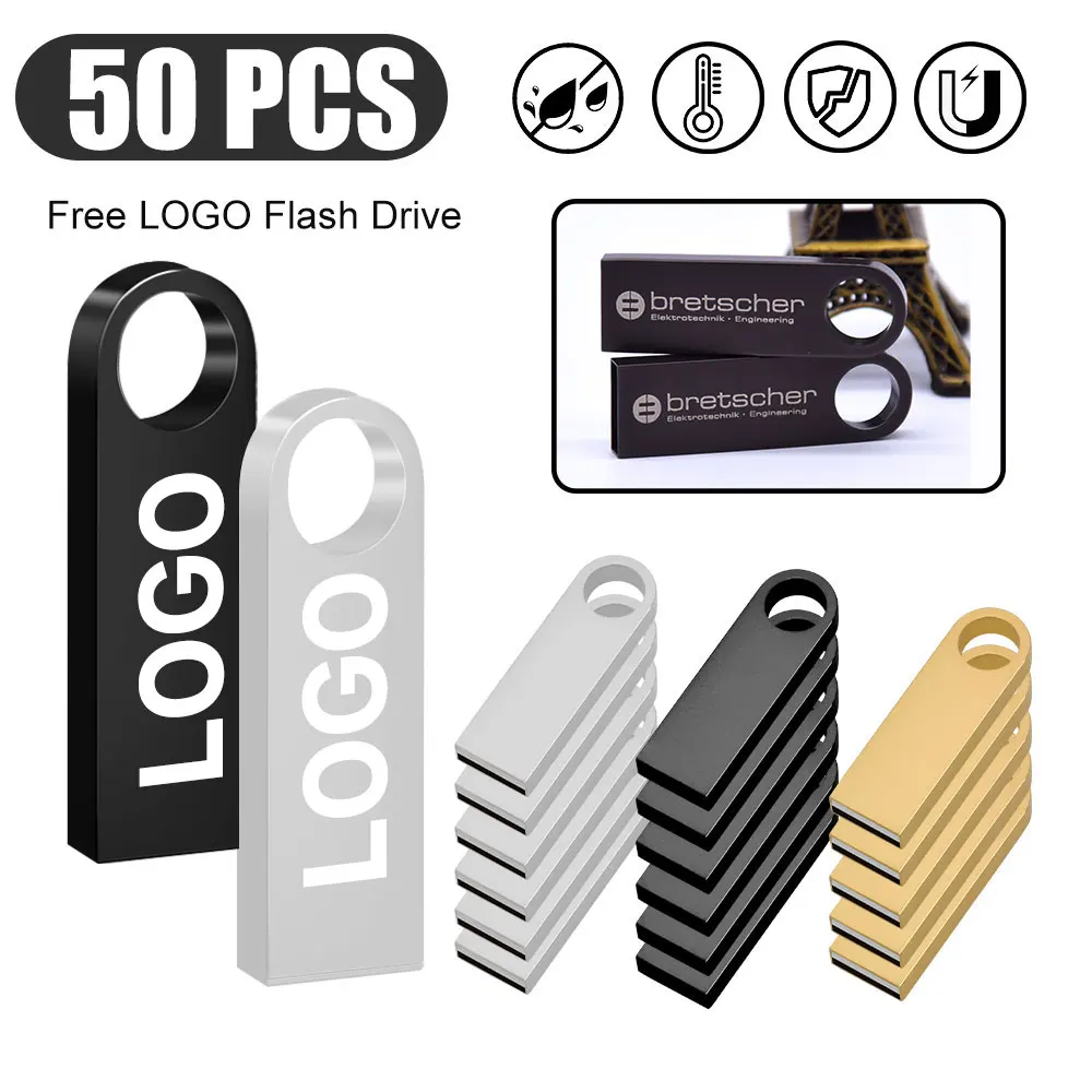 50PCS ฟรีโลโก้ที่กําหนดเอง USB Flash Drive 4GB 8GB 2.0 ไดรฟ์ปากกาความเร็วสูง 16GB 32GB 64GB 128GB Pendrive โลหะ usb sticks พร้อมคีย์