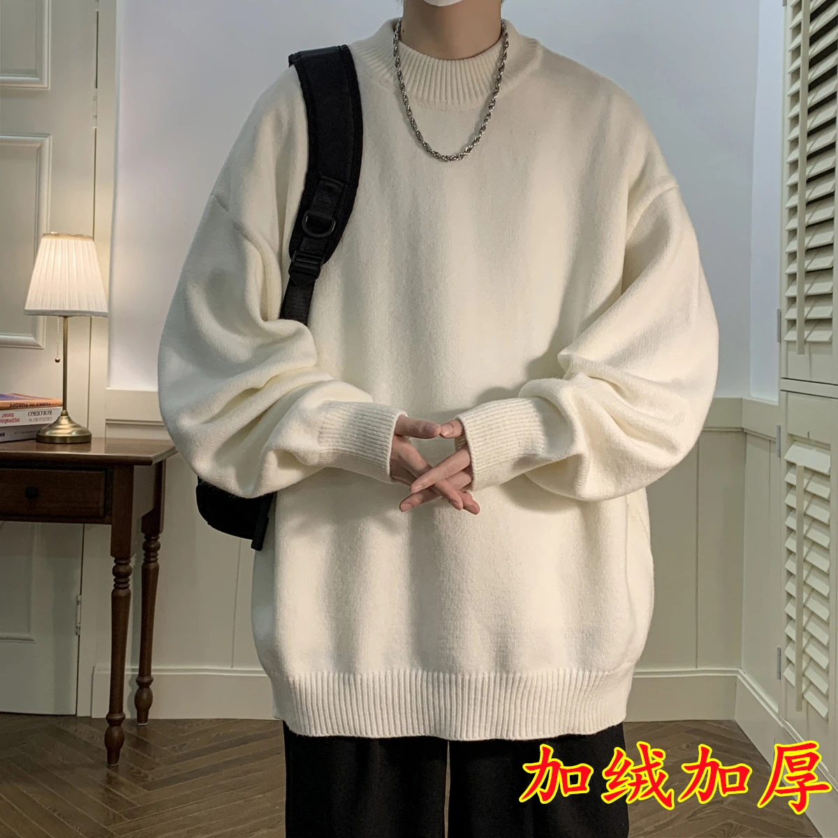 Men Sweaters Solid Color Oversized Long Sleeve Autumn Winter Streetwear Pullovers Knitwear