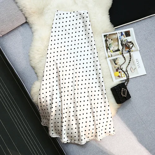 Imagen 2 del producto Faldas de sirena de satén de lunares Vintage para mujer, faldas informales de cintura alta de longitud media para primavera y verano, 2025