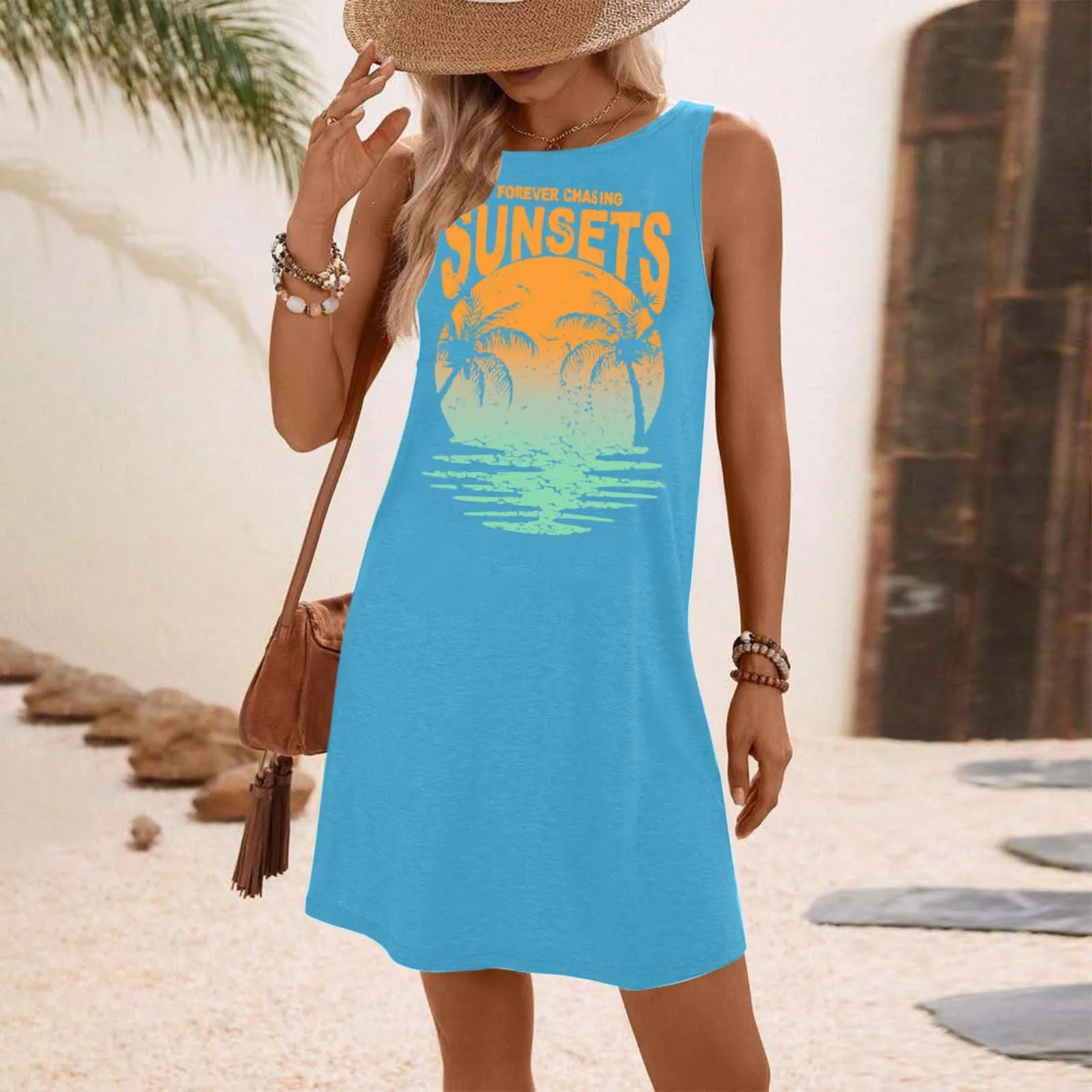 Women's Coconut Tree Printed Dress Fashion Sleeveless Beach Wrap Mini Dress Summer Vacation Short Dress O Neck Bodycon Dress