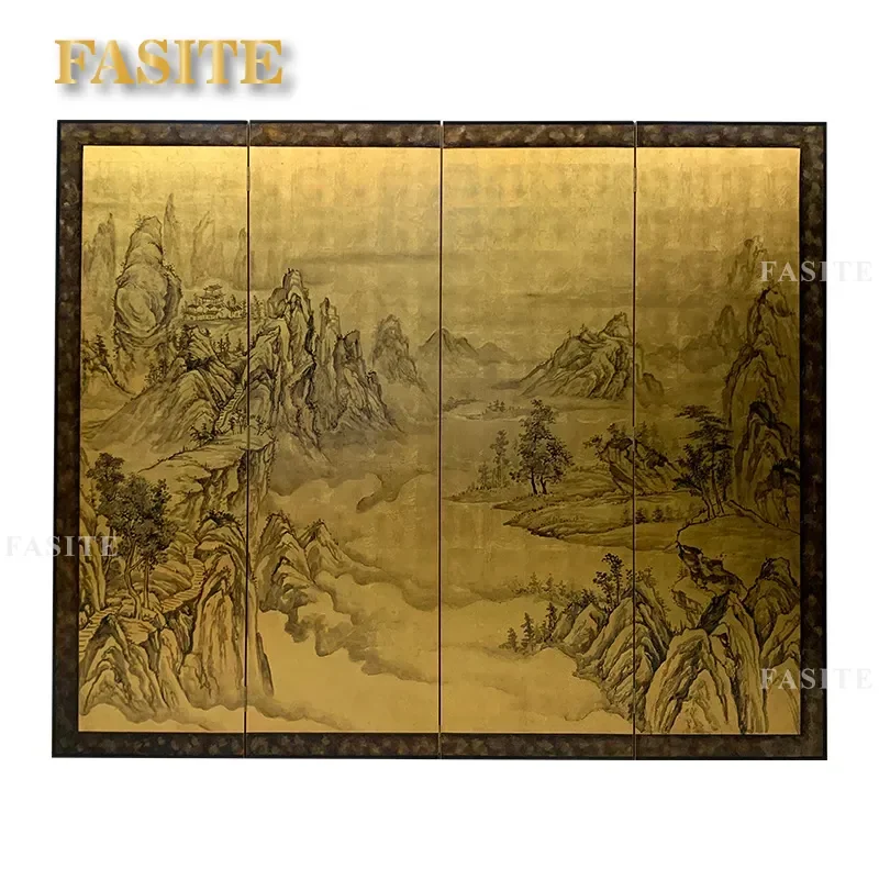 For Antique Gold Foil Foldable Solid Wood Screen Hand Painted Landscape Lacquer Partition for Living Room Tea Room