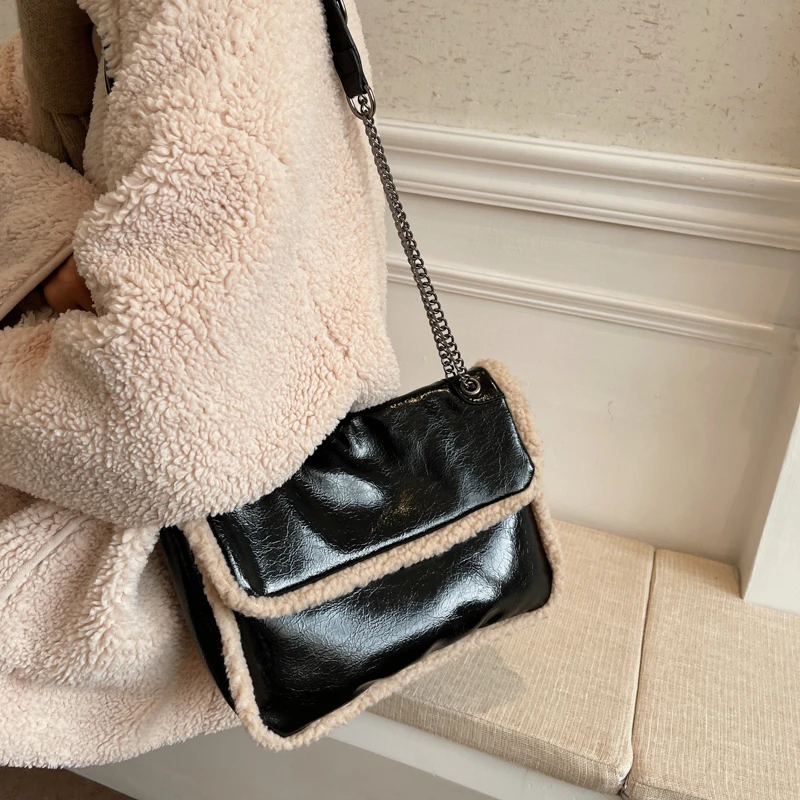 Fashion Pu Chain Woman Shoulder Bag Luxury Brand Lamb Wool Handbag Women\'S Vintage Soft Leather Messenger Bag Large Purse Female