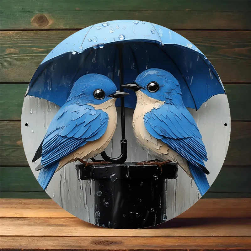 

1pc Round 8x8inch (20x20cm) Aluminum Two Blue Birds Holding Umbrellas Art Poster Illustration Style, Room Decor