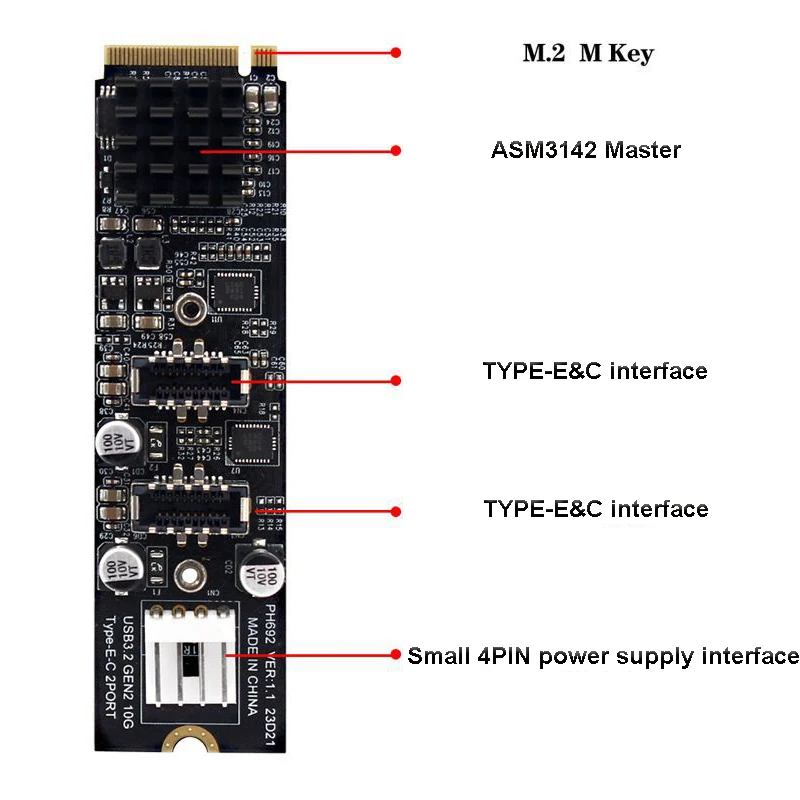 マザーボード用 10Gbps デュアル タイプ E USB 3.1 フロント パネル ソケット - NVME NGFF M キー Express カード アダプター