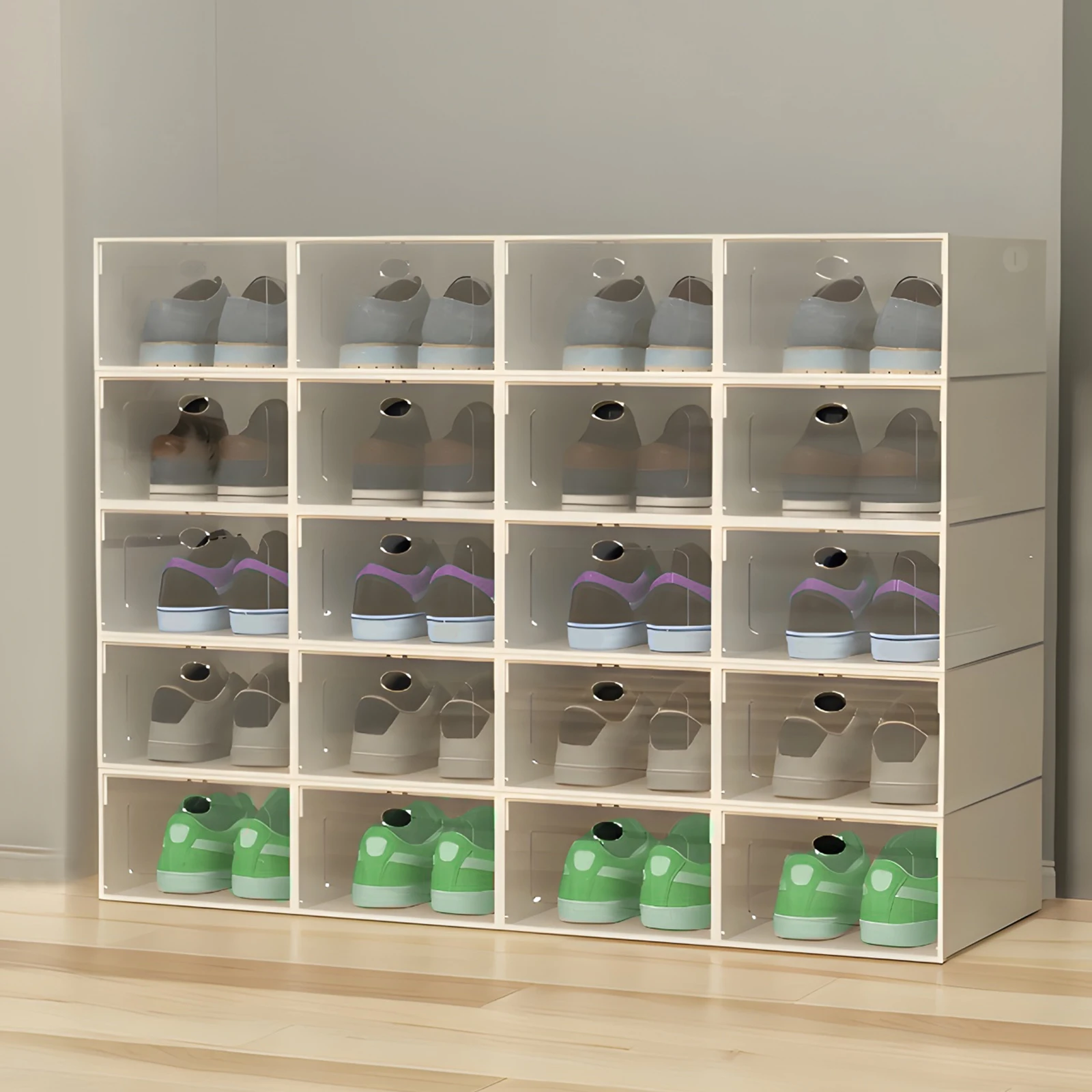 

20-Pack Transparent PP+ABS Shoe Storage Boxes | Stackable Rectangular Organizer with White Trim | 32.6x24x14cm Plastic