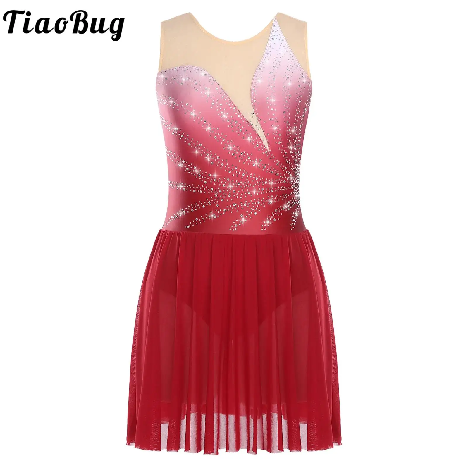 

Women Figure Skating Dress Sleeveless Mesh Patchwork Rhinestones Leotards Ballet Lyrical Dance Dress for Performance Costume