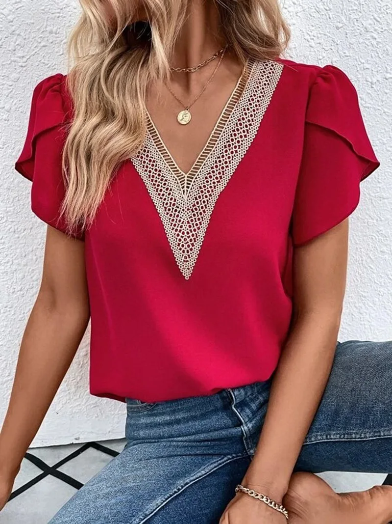 Elegant Women Blouse Fashion Shirts 2025 Summer Petal Short Sleeve Lace Panel Female Commuter Office Chiffon Shirt