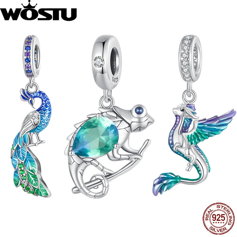 WOSTU 925 Sterling Silver Chameleon Pendant Gradient Glass Animal Charms Fit Original Bracelet Bangle & Necklace Jewelry Gift