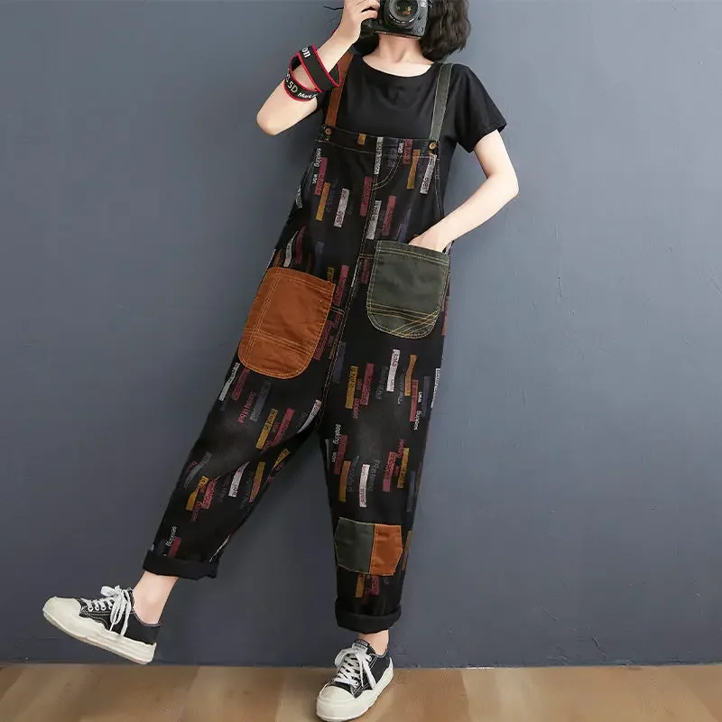 Retro Print Denim Patch Losse Casual Grote Zak Broek Streetwear Grote Maat Eendelige Jeans Jumpsuits Vrouwen Broek B857