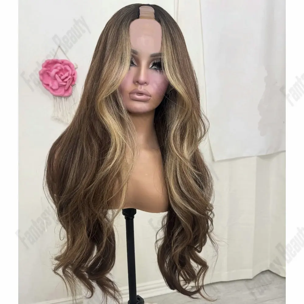 

Brown Honey Blonde Hightlight U Part Wig Human Hair Adjustable Slightly Curly 1x4 Size V Part Wig Human Hair Easy Wear for Women
