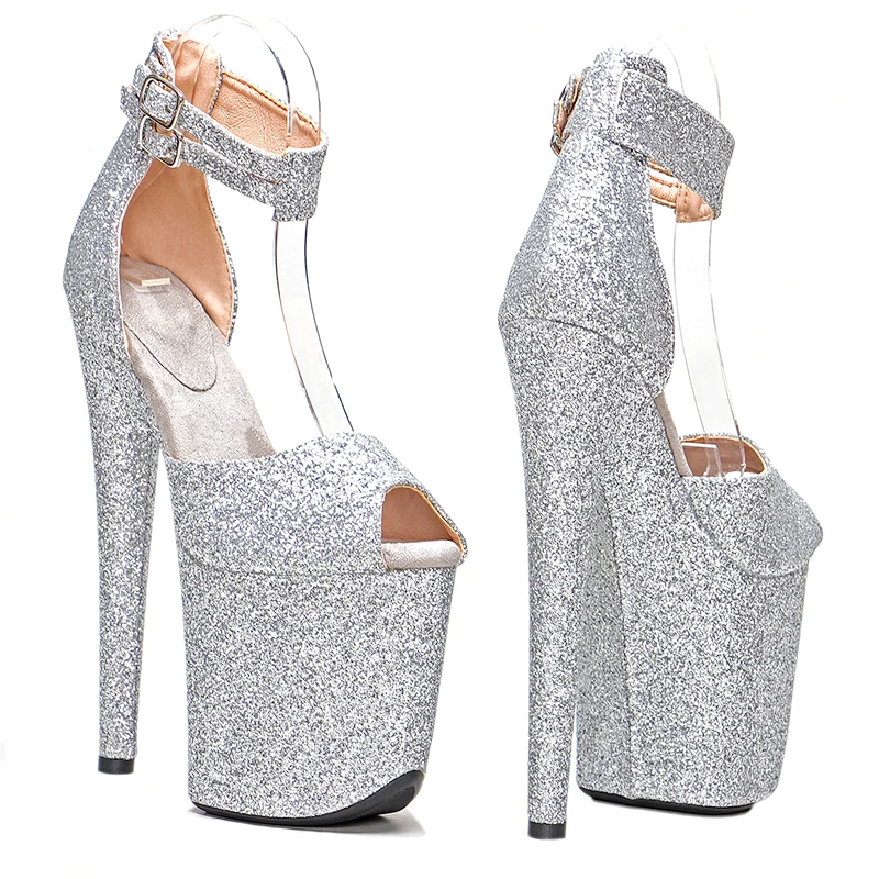 Leecabe 20cm/8inches glitter material silver color  platform high heel   sandals  pole dance shoes