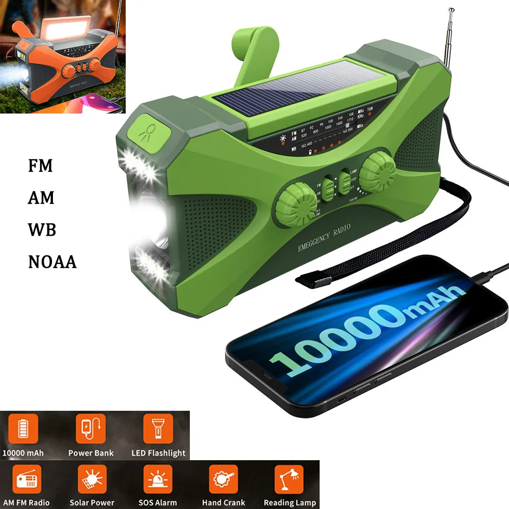 

Hot 10000mAh Emergency Radio Solar Hand Crank Radio FM AM WB NOAA Flashlight SOS Alarm Power Bank Speaker Weather راديو الطوارئ