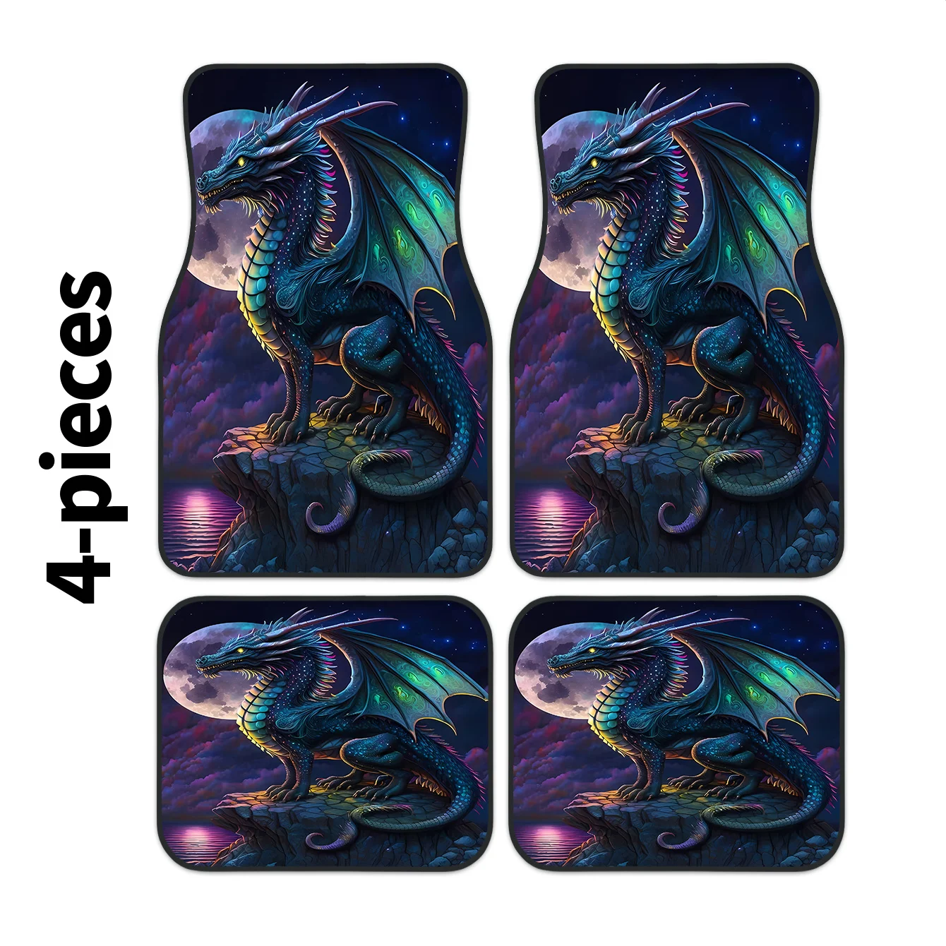 A Set Of Four High-End Blue Fantasy Dragon Printed Car Mats, Front And Rear Carpets, Automotive Interior Accessory Mats, Suitabl