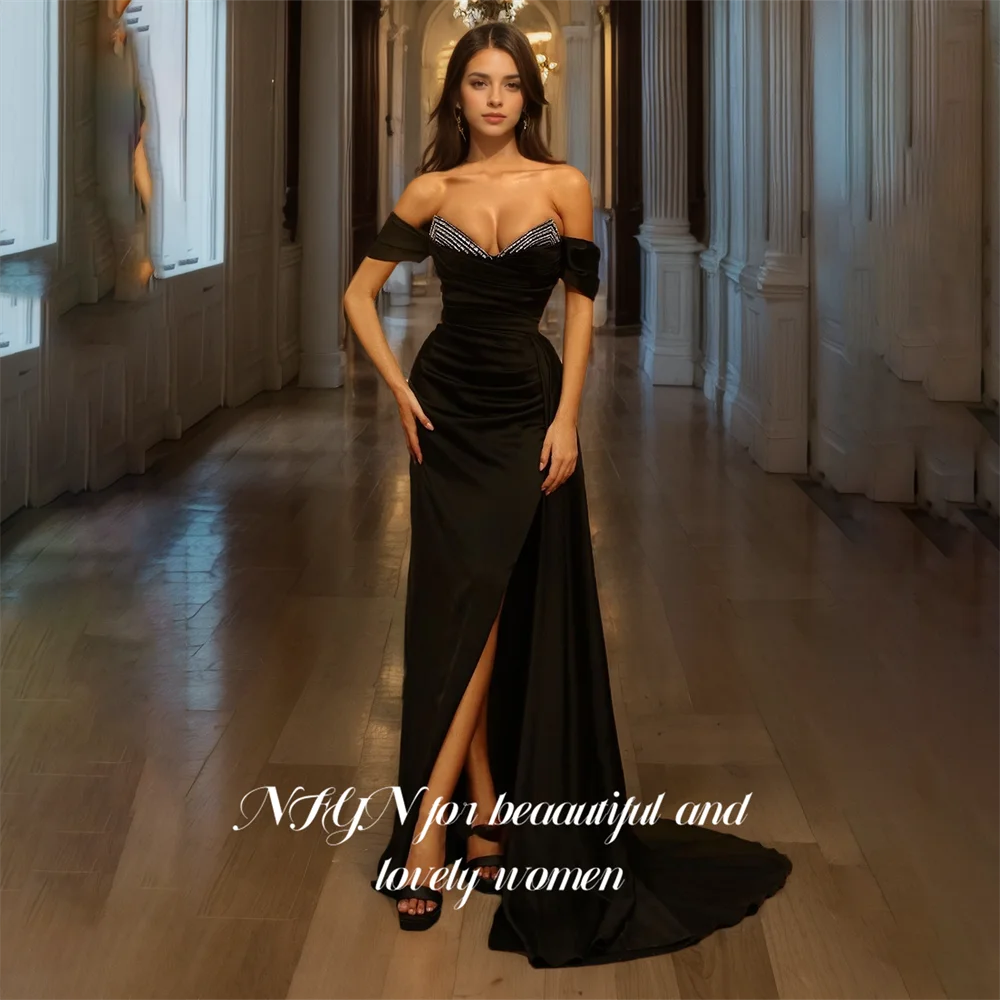 NFYN Black Long Sequin Formal Dress Mermaid Off the Shoulder Prom Dress Sweetheart Pleat Evening Gown with High Split Customized