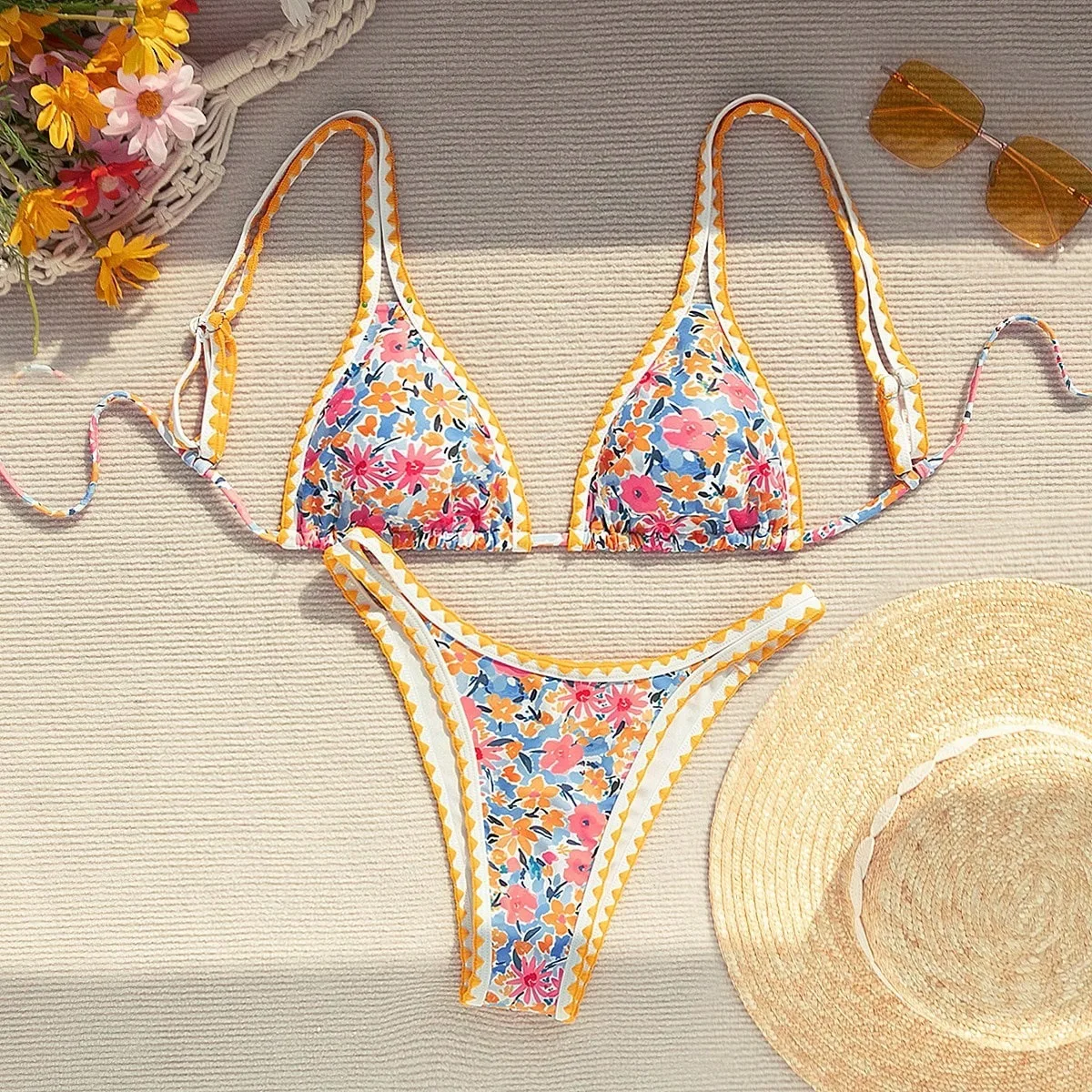 

Women Floral Print Triangle Bikini Set Adjustable Straps High Cut Two Piece Swimsuit Summer Beachwear