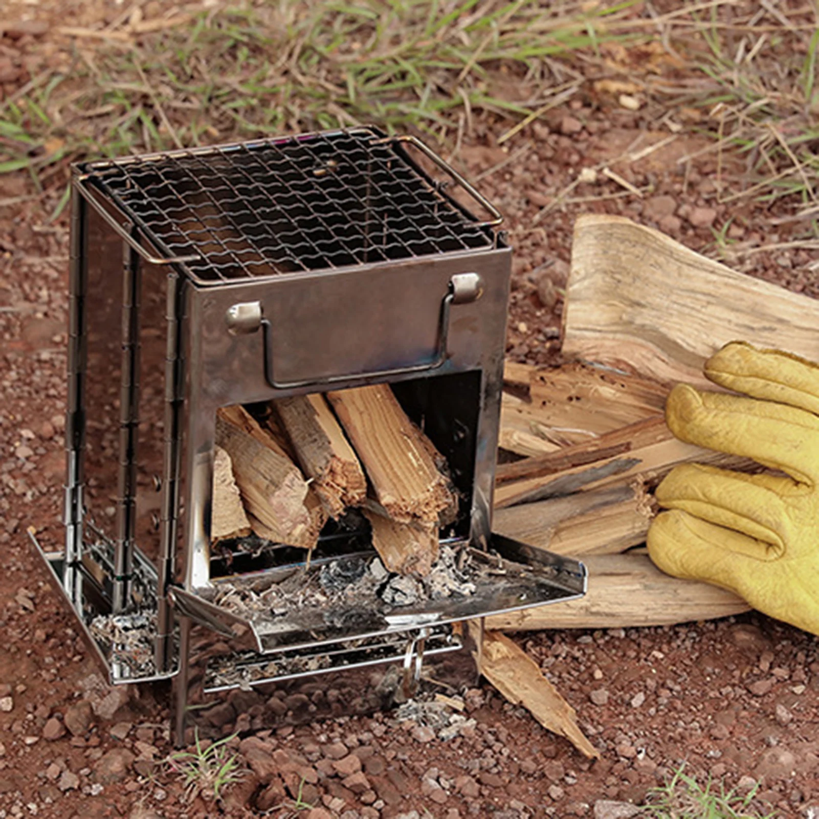 Mini Outdoor Firewood Stove Portable Camping Picnic BBQ Travel Folding Stainless Steel Wood Stove Charcoal Cooking Grill