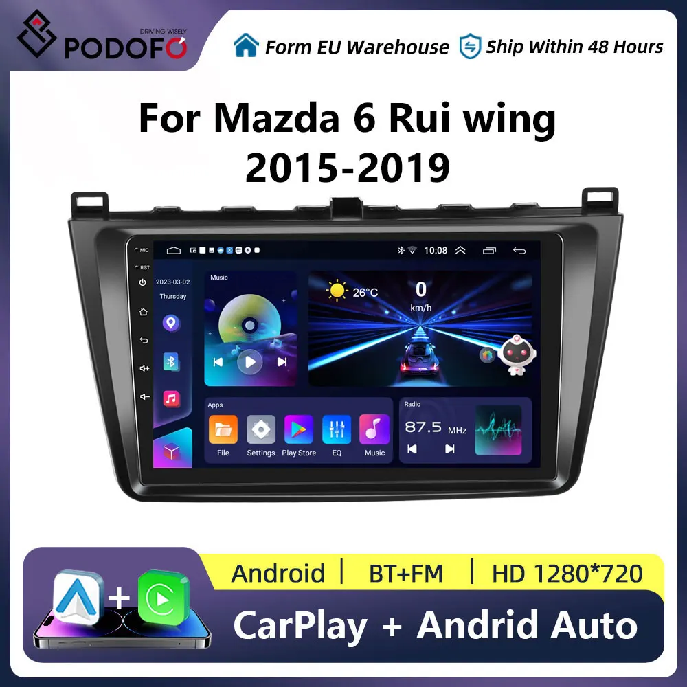 Podofo 2 din Android Carplay Car Radio With GPS For Mazda 6 Rui wing 2015-2019 Multimedia Video Player AutoRadio