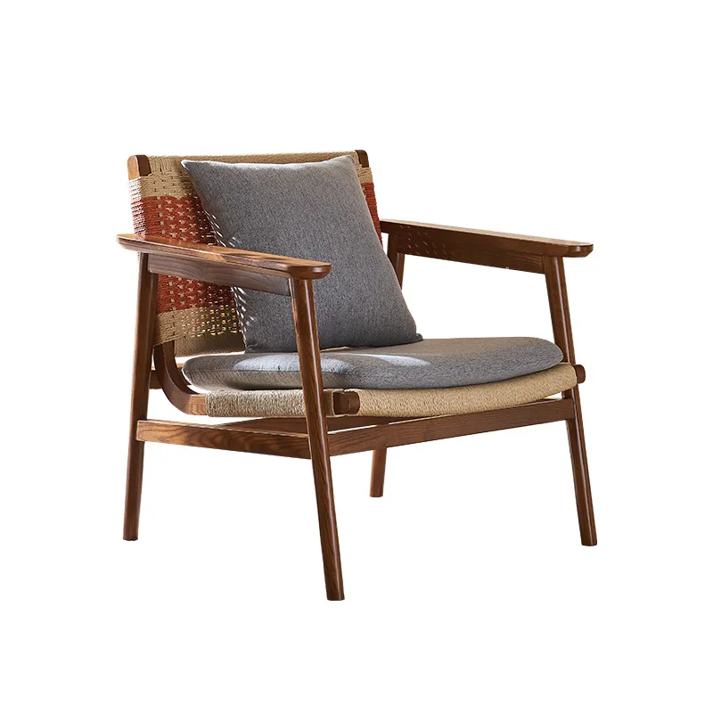 

Wabi-Sabi Style Solid Wood Sofa Chair Living Room Vintage Hemp Rope Woven Armrest Homestay Hotel Leisure Chair