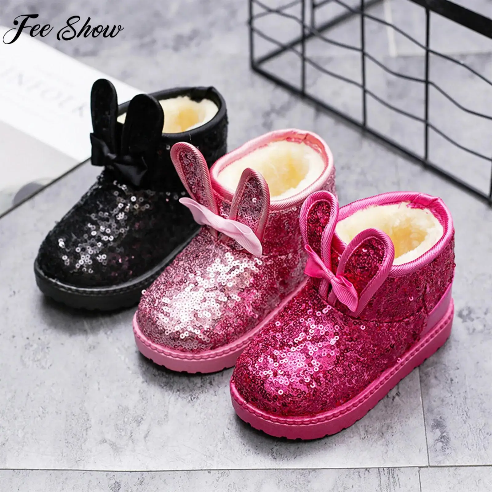 

Kids Girls Winter Warm Sequins Waterproof Outdoor Snow Boots Cute Rabbit Ears Bow Non-Slip Soles Fleece-Lined Shoes Daily Wear