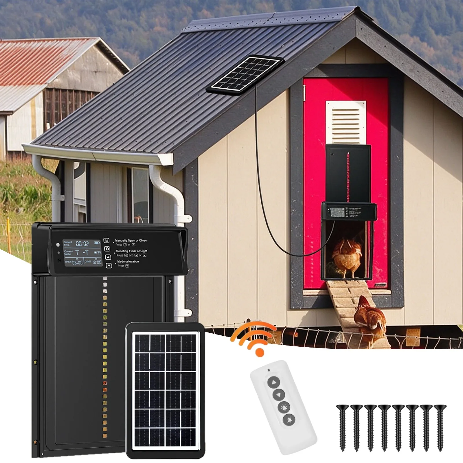 Porta per Pollaio Solare con Apertura Automatica, 4 Modalità, Telecomando, Apriporta Intelligente per Pollaio con Timer, Accessori per Porta per Animali Domestici