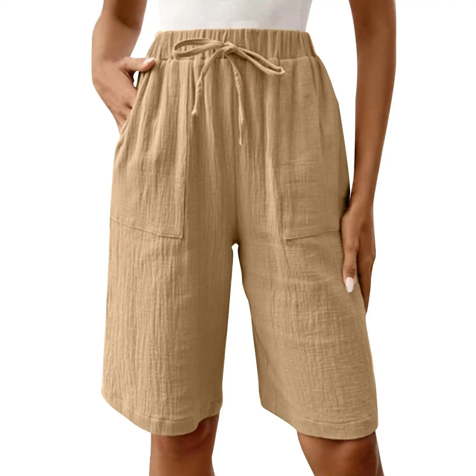 Casual Cotton Linen Elastic Waist Loose Fit Pants with kets 2024 New Sle Cross-Border Independent Station for Women