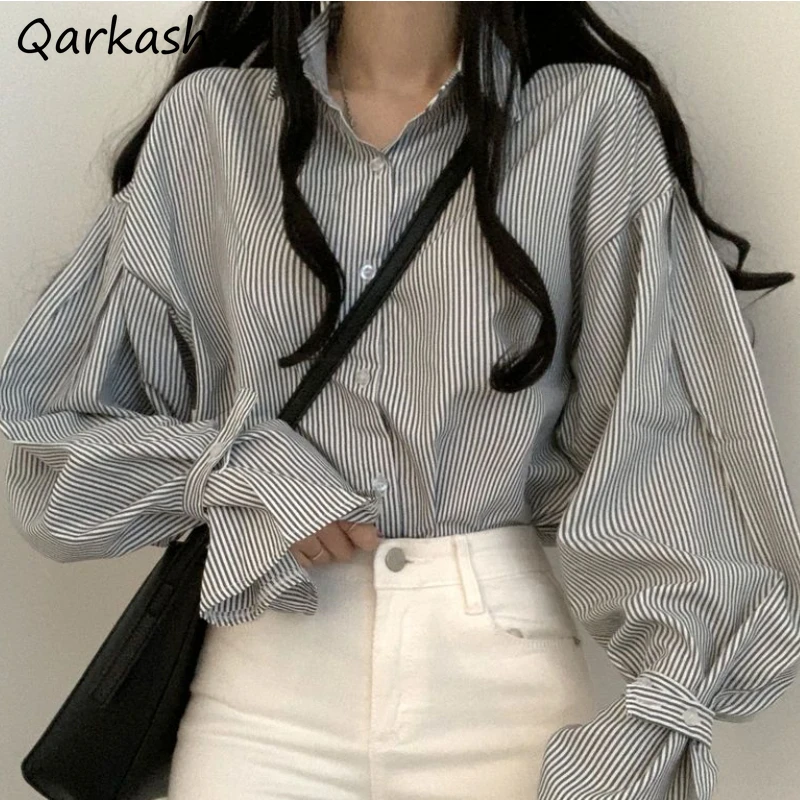 Striped Shirts Women Baggy Office Lady Long Sleeve Aesthetic Clothing Minority Daily Formal Holiday Classic Temper Casual Tender