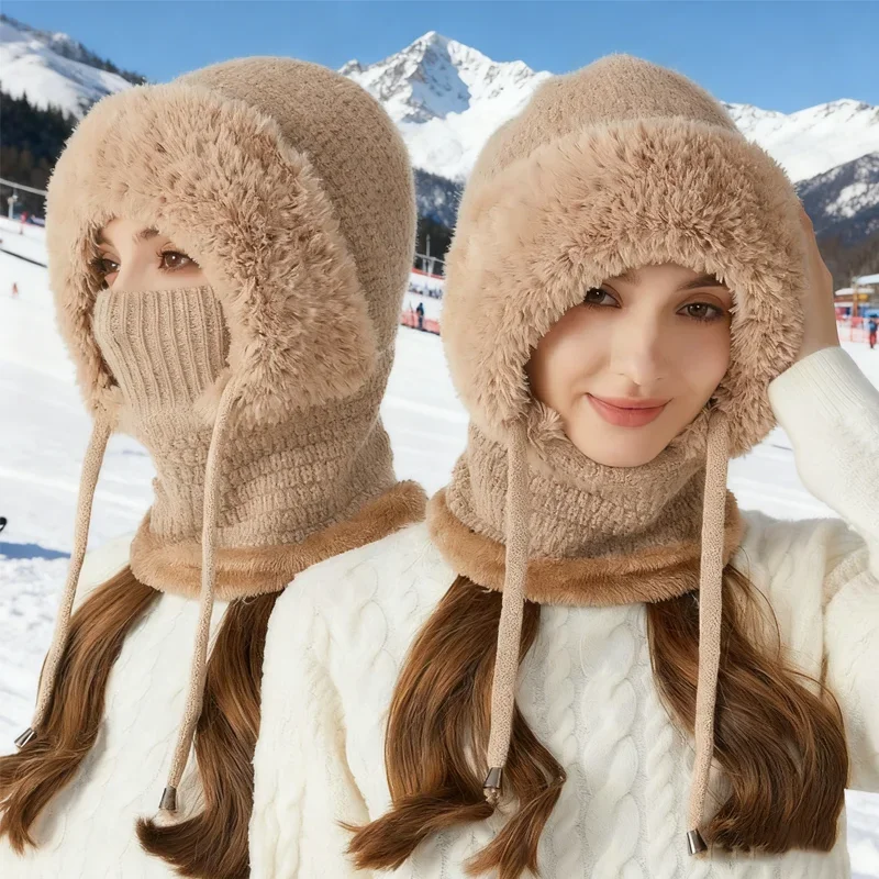 3 في 1 قبعة صغيرة للنساء الشتاء الطقس البارد قبعات منسوجة مقاومة للرياح مقنعين وشاح سميكة أفخم
